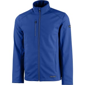 A blue men’s softshell jacket featuring a zippered chest pocket and a logo on the sleeve.