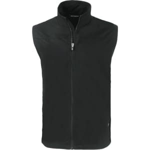 A black men's eco vest with a high collar and front zip, featuring a logo on the side.