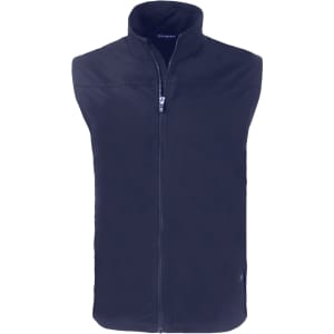 A navy blue men’s vest with a zip front, high collar, and a small logo on the side.