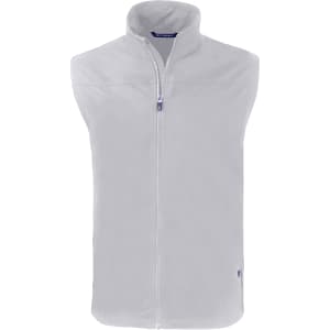 A grey men's eco vest with a high collar and front zip, featuring a logo on the side.