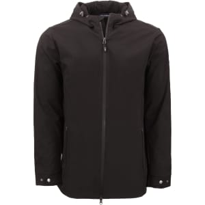 A black men's rain jacket with a hood, featuring a zip front and side pockets, complete with branding.