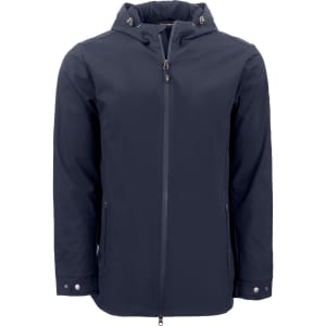 A navy blue men's rain jacket with a hood, zippered front, and side pockets, featuring a logo.