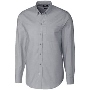 A light grey button-up shirt with long sleeves and a chest pocket, featuring a logo.
