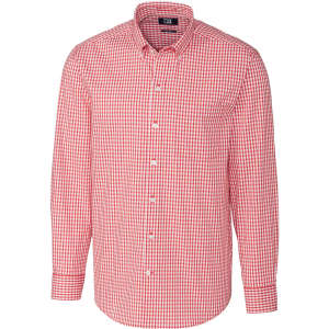 A red and white gingham button-up shirt with long sleeves and a collar, featuring a logo on the label.