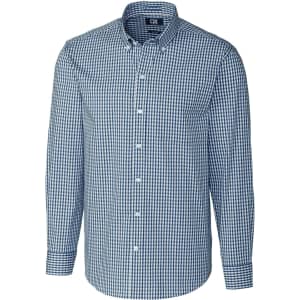 A blue and white gingham button-up shirt with a collar and long sleeves, featuring a branding logo.