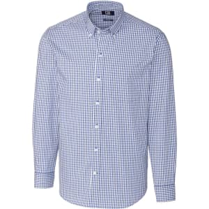A blue and white checked button-up shirt with long sleeves and a collar, featuring a branding label.