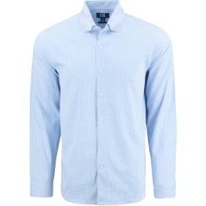 A light blue men's shirt with a gingham pattern and long sleeves, featuring a button-down collar and a logo.