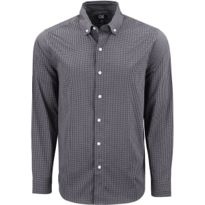 A black and white gingham check shirt with long sleeves and a button-down collar. It features a logo.