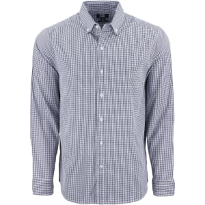 A blue and white gingham men's shirt with long sleeves and a collar, featuring a logo on the label.