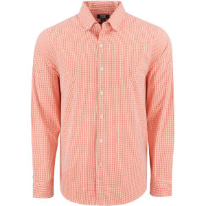 A men's shirt featuring a red and white gingham pattern with long sleeves and a button-down collar. It has a logo.