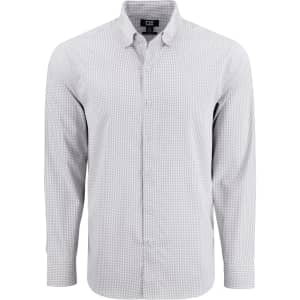 A men's long-sleeve shirt in a grey and white gingham pattern with a button-down collar and branding.
