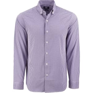 A men's long-sleeve shirt in a purple and white gingham pattern with a button-down collar and logo.