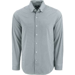 A men's long-sleeve shirt featuring a green and white gingham pattern, with a button-down collar and logo.