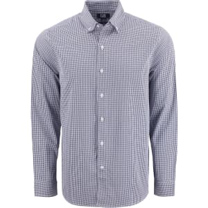 A men's long-sleeve shirt in navy and white gingham pattern, featuring a button-down collar and a logo.