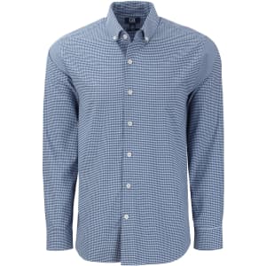 A men's shirt in navy and white gingham with long sleeves and a button-down collar. It has a logo on the chest.