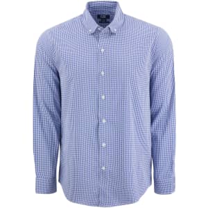 A blue and white gingham shirt for men with a button-down collar and long sleeves. The shirt features a logo.