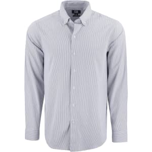 A light blue men's shirt with a pinstripe pattern and a button-down collar. It features a logo on the chest.