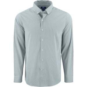 A light blue men's shirt with a pinstripe pattern, featuring a button-down collar and long sleeves. It has a logo.