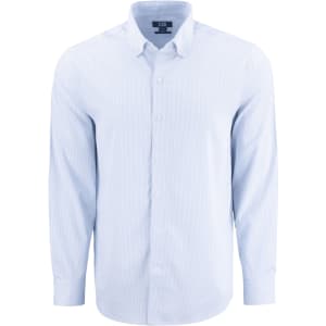 A light blue men's shirt with long sleeves and a button-down collar, featuring a logo.