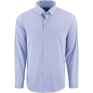 A blue pinstripe men's shirt featuring a button-down collar and long sleeves. It has a logo on the label.