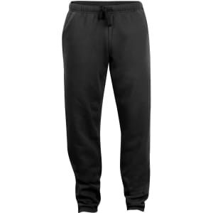 A pair of black sweatpants featuring a drawstring waistband and tapered legs, with a logo present.