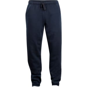 A pair of navy track pants with an elastic waistband and drawstring, featuring fitted cuffs at the ankles.
