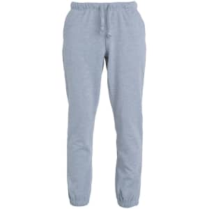 A pair of grey track pants with an elastic waistband and ankle cuffs, featuring a logo.