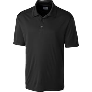 A black polo shirt with a collar, short sleeves, and a logo on the chest area.
