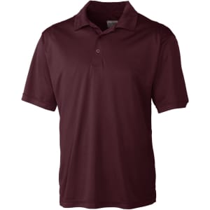A maroon men's polo shirt with a collar and short sleeves, featuring a logo on the chest.