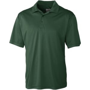 A dark green polo shirt with a collar and short sleeves, featuring a logo on the chest.