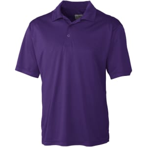 A purple polo shirt with a collar and a front placket, featuring a logo.