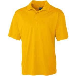 A bright yellow men's polo shirt with a classic collar and short sleeves, featuring a logo on the chest.