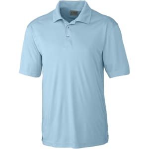 A light blue men's polo shirt with a collar and short sleeves, featuring a branding logo.