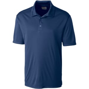 A navy blue men's polo shirt with a collar and short sleeves, featuring a logo on the left side.