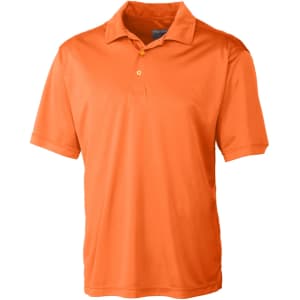 An orange men's polo shirt featuring a collar and short sleeves, with a logo on the chest.