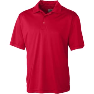 A red polo shirt with a collar and two-button placket, featuring short sleeves and a branding logo.