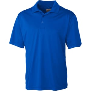 A blue men's polo shirt with a collar, short sleeves, and a logo.