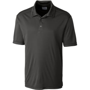 A dark grey polo shirt with a collar, short sleeves, and a logo on the chest.