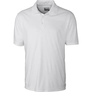 A white men's polo shirt featuring a classic collar and a logo on the chest. Short sleeves and a simple design.