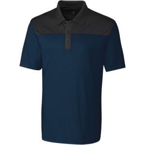 Men's polo shirt featuring a navy blue and black colourblock design, with a collared neckline and three-button front.