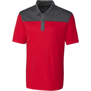 Men's polo shirt featuring a bold red body with a contrasting grey colourblock on the shoulders and collar. Includes a logo.