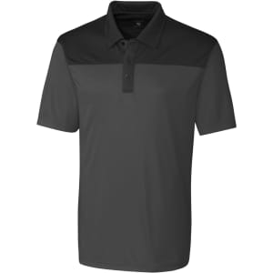 A black and grey colourblock polo shirt featuring a collar and a logo on the chest.