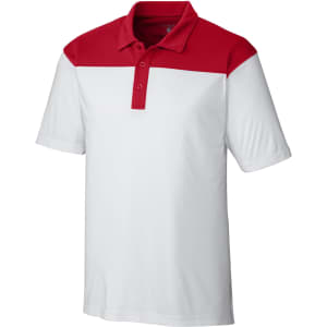 A polo shirt in white with a red colourblock design, featuring a collar and three buttons. It has a logo on the front.