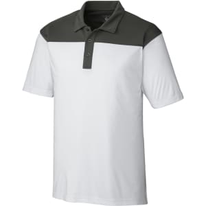 A men's polo shirt featuring a colourblock design with dark green shoulders and a white body. It has a collar and buttons.