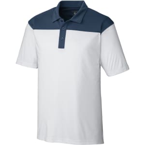 A polo shirt featuring a colourblock design in white and navy blue, with a collar and three buttons.