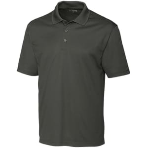 A dark green polo shirt with a collar, featuring three buttons and a logo on the chest.