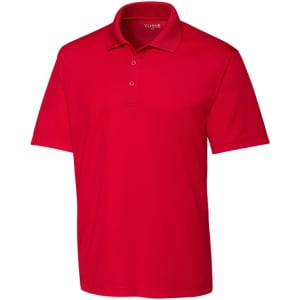 A red men's polo shirt with a collared neckline and short sleeves, featuring a logo.