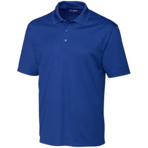 A blue polo shirt with a collar and three buttons, featuring a logo on the chest.