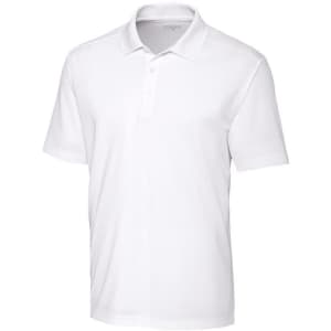 A white polo shirt with a collar and three buttons, featuring a logo on the chest.