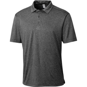 A grey men's polo shirt featuring a collar, short sleeves, and a logo on the front.
